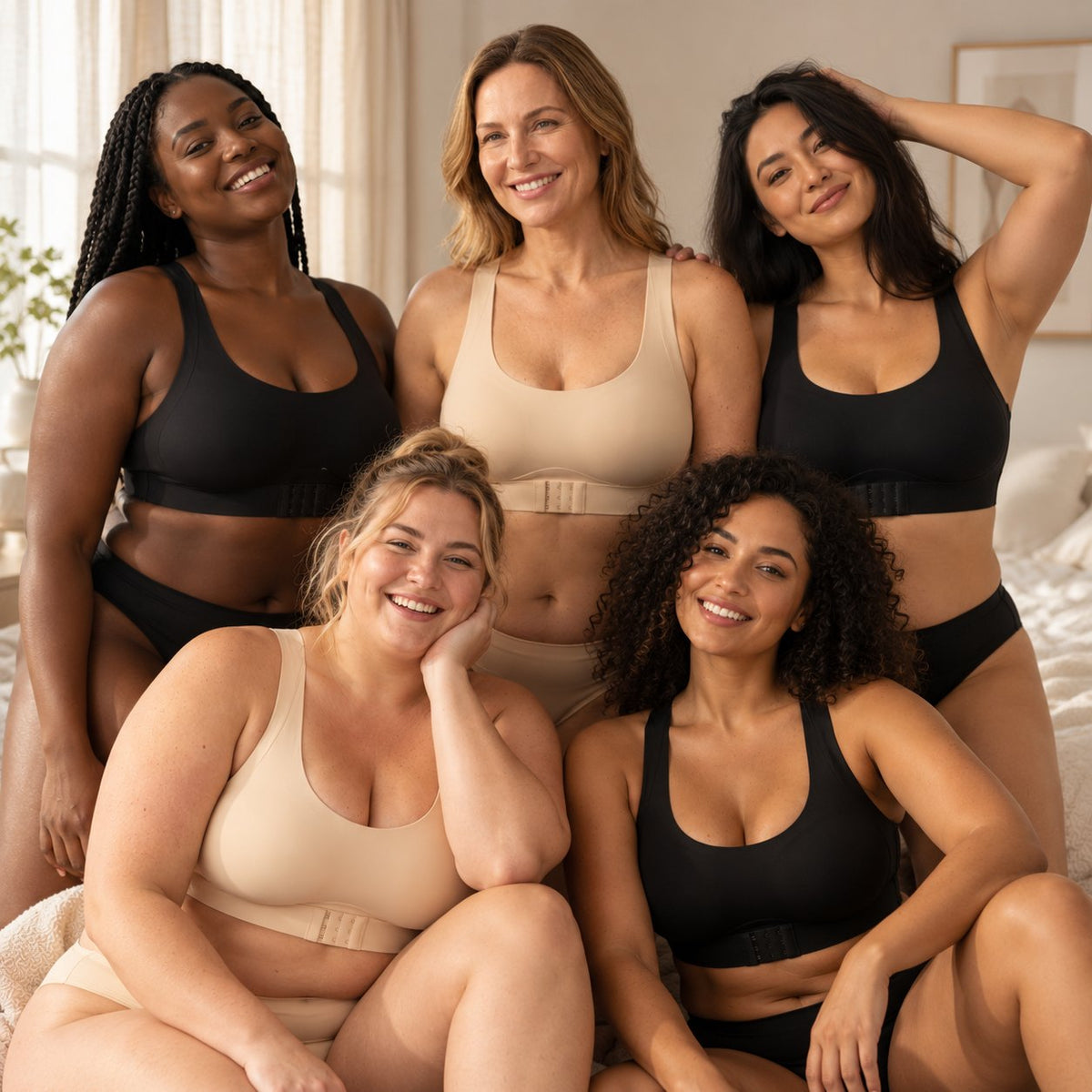 Mujeres de todas las tallas usando ALZA en negro y beige